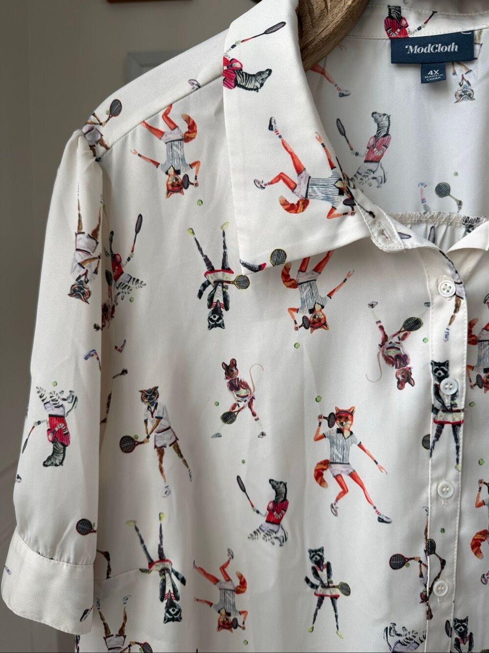 ModCloth Undeniably Inspired Short Sleeve Blouse Fox Mouse Owl Bear Tennis 4X
